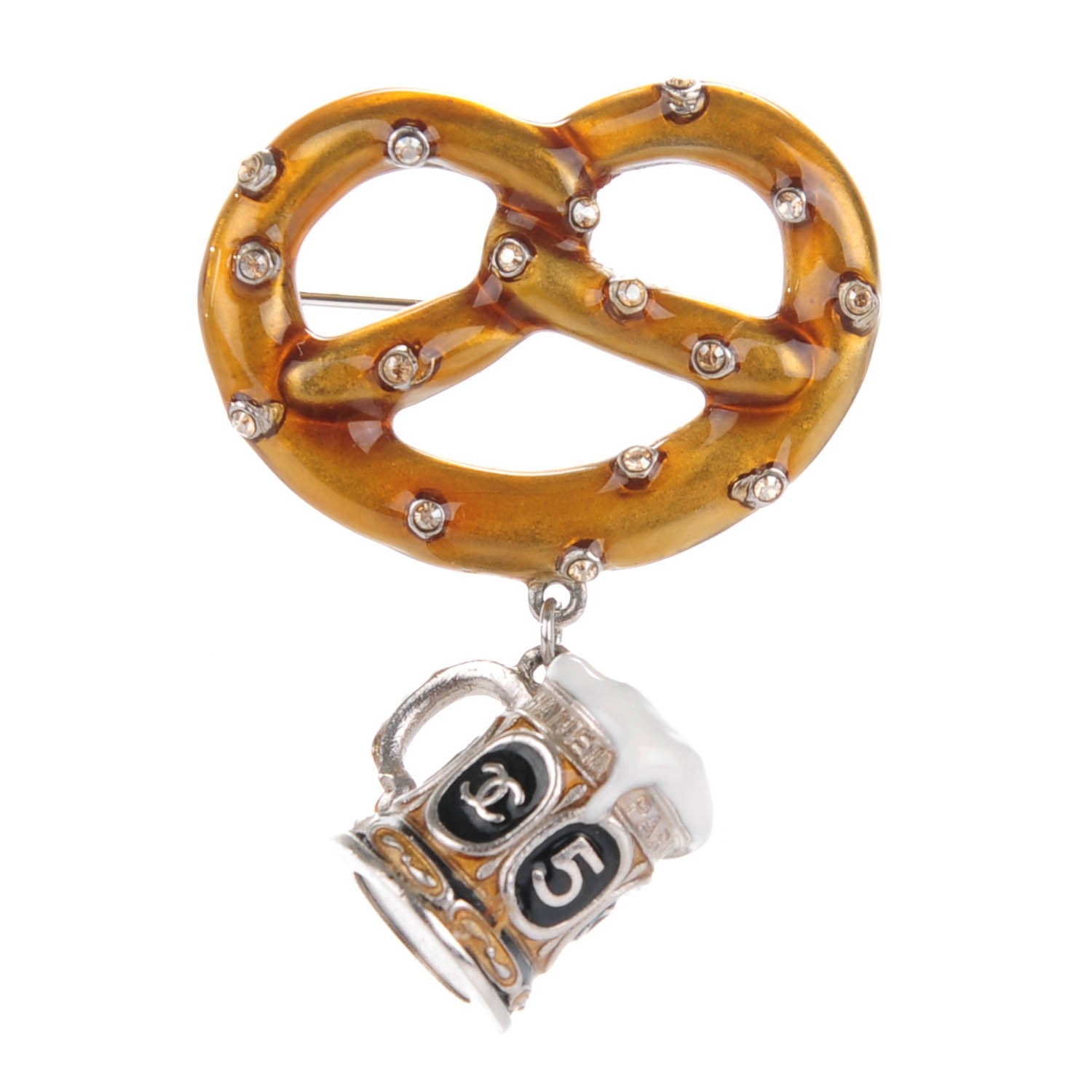 Chanel Crystal Salzburg Pretzel Beer Brooch Brown White Black 1 of 5