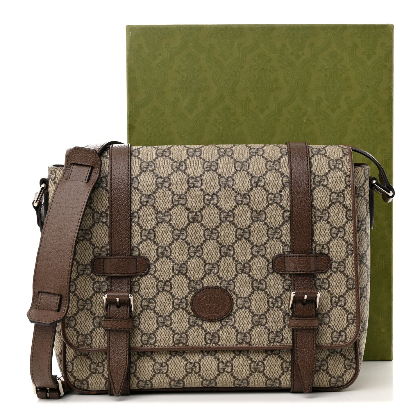 GG Supreme Monogram Textured Dollar Calfskin Retro Interlocking G Flap Messenger Bag Beige Ebony New Acero