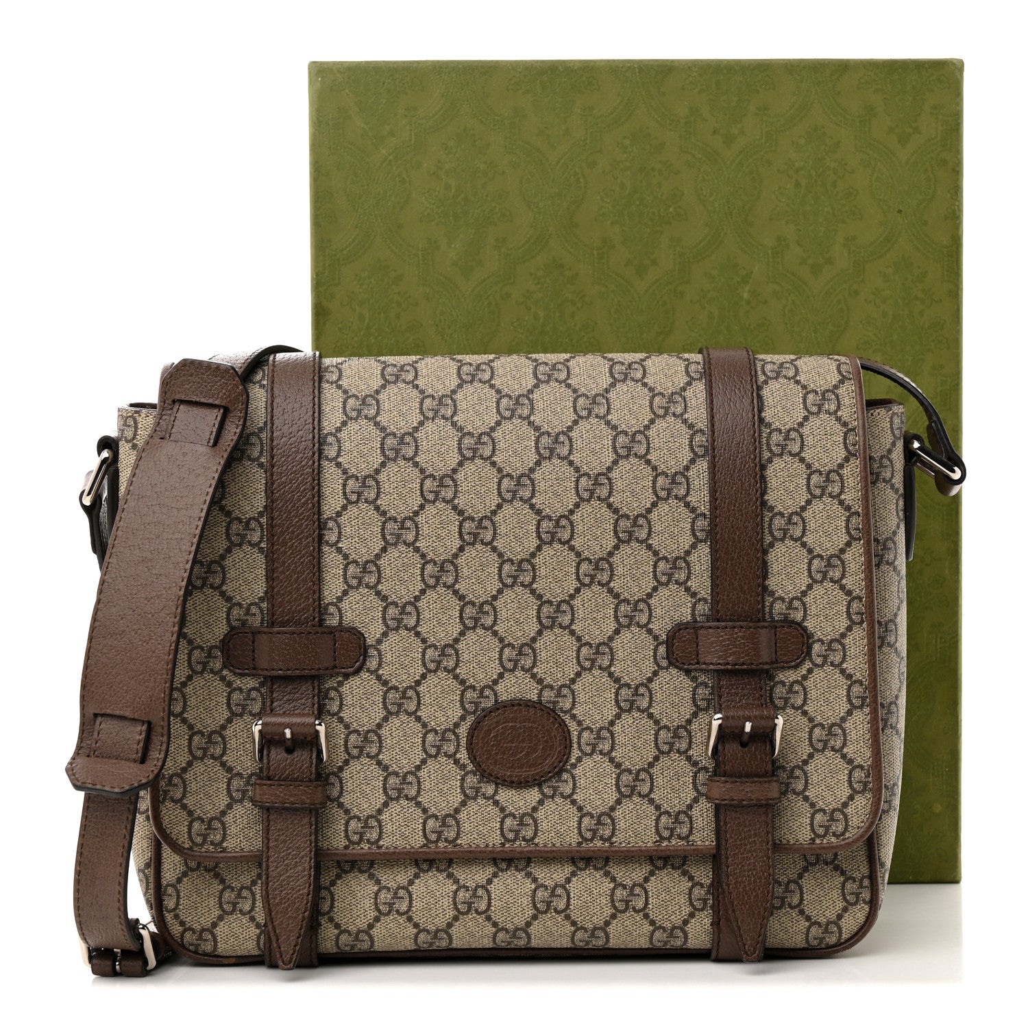 Gucci GG Supreme Monogram Textured Dollar Calfskin Retro Interlocking G Flap Messenger Bag Beige Ebony New Acero 11 of 11