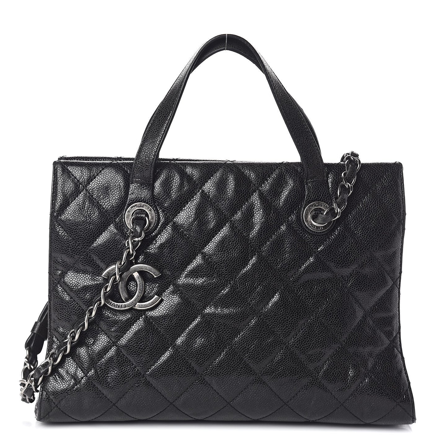 Crumpled Grained Calfskin Quilted CC Crave Tote Black