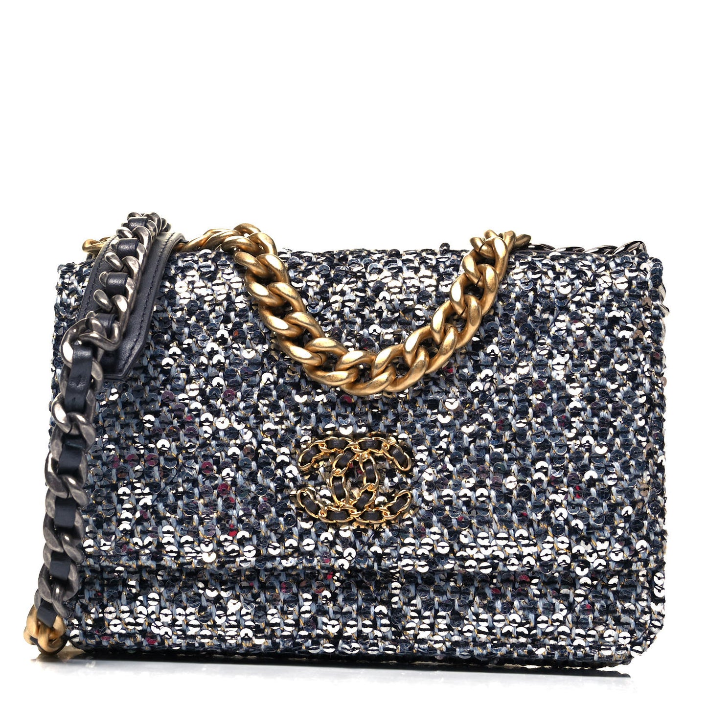 Sequin Quilted Chanel 19 Wallet On Chain WOC Silver
