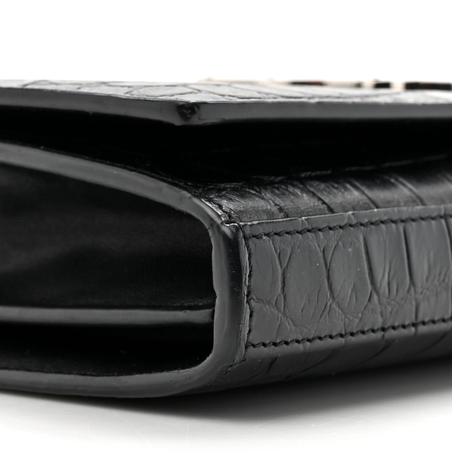 Calfskin Crocodile Embossed Monogram Chain Wallet Black