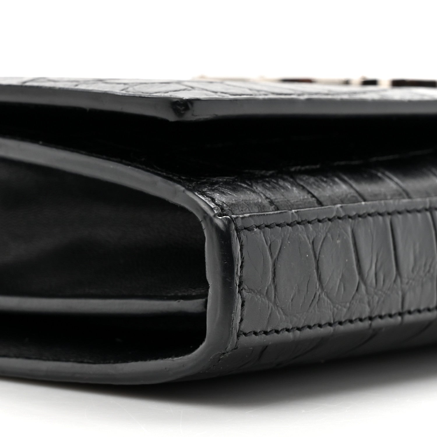 Saint Laurent Calfskin Crocodile Embossed Monogram Chain Wallet Black 9 of 9