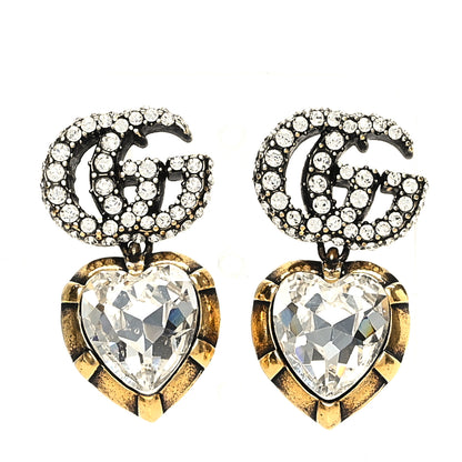 Gucci Metal Crystal Garden Heart Double G Drop Earrings Aged Gold 1 of 6