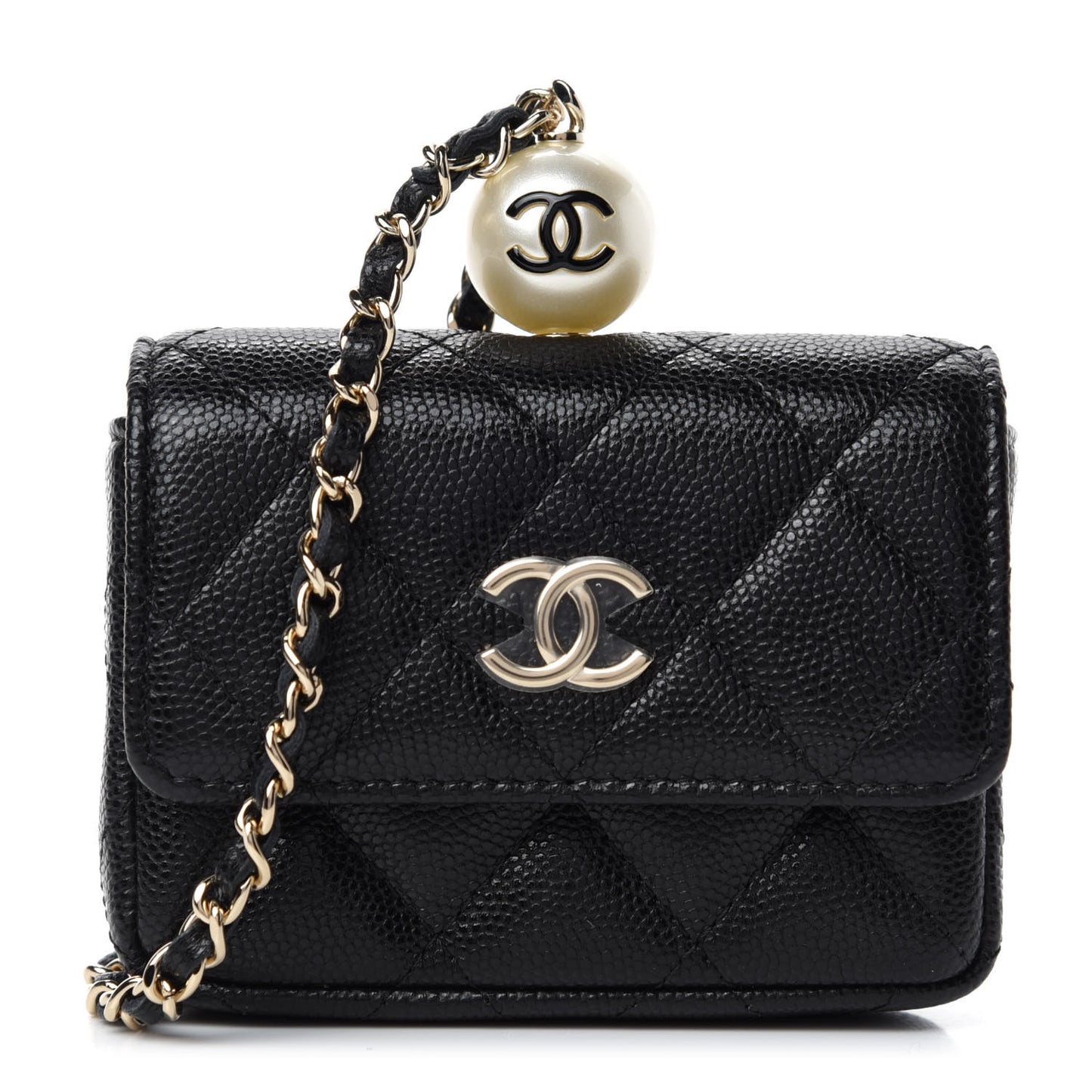 Caviar Quilted Pearl Card Holder On Chain Black