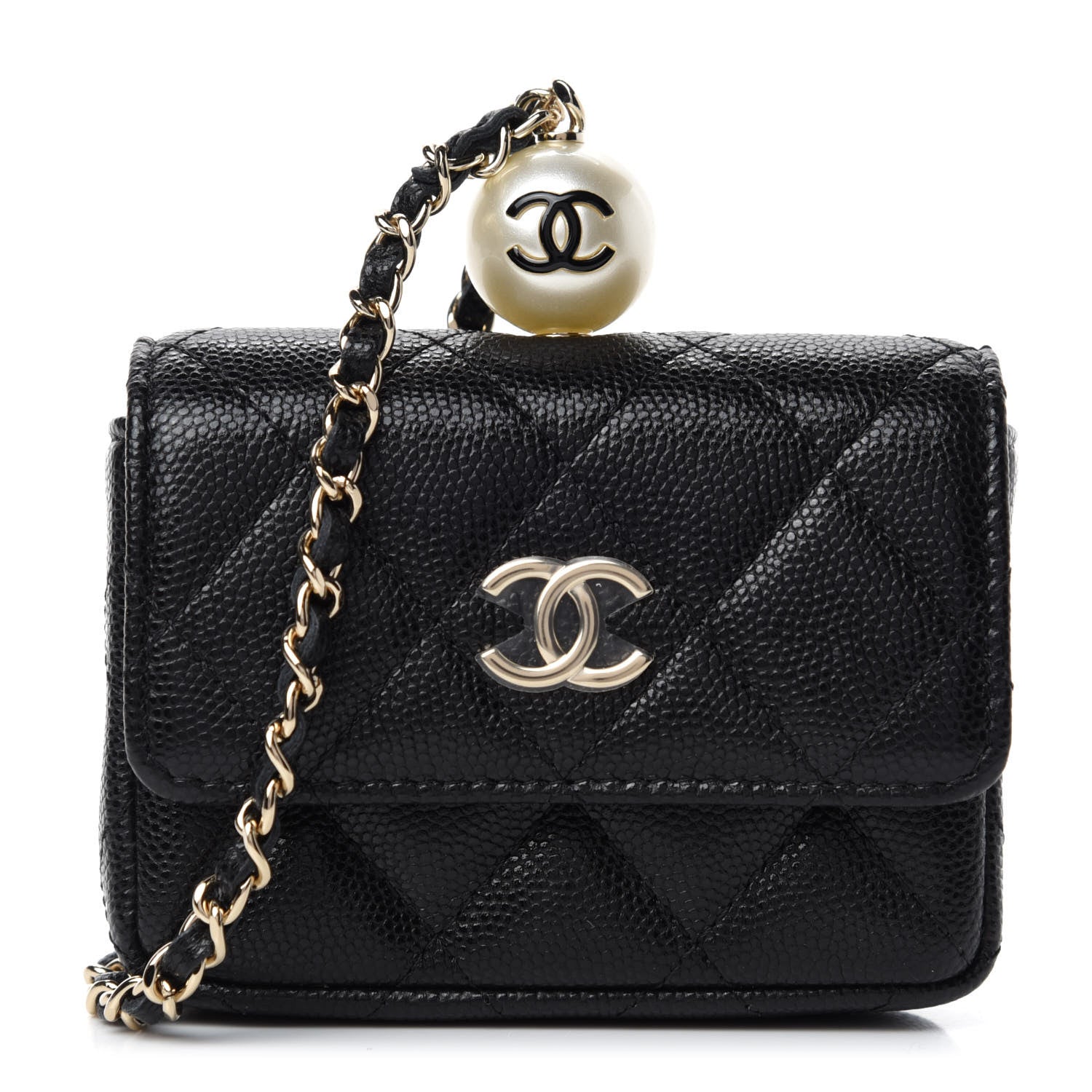 Chanel Caviar Quilted Pearl Card Holder On Chain Black 1 of 12