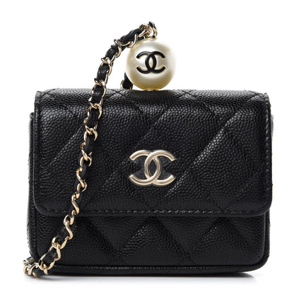Chanel Caviar Quilted Pearl Card Holder On Chain Black 1 of 12
