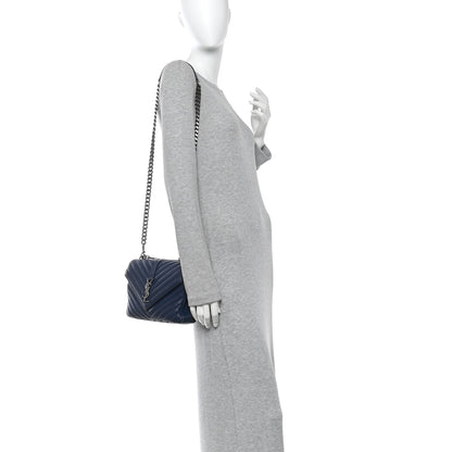 Saint Laurent Sheepskin Matelasse Chevron Monogram Medium College Bag Navy 2 of 15