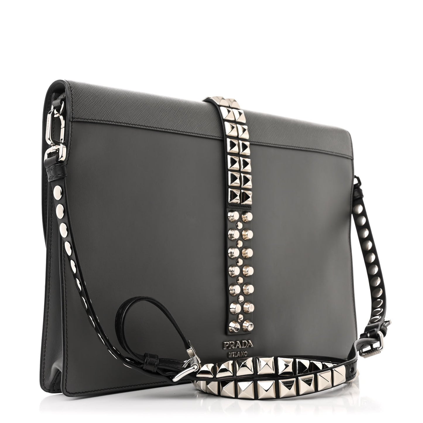 Saffiano City Calfskin Studded Large Elektra Shoulder Bag Mercurio Black
