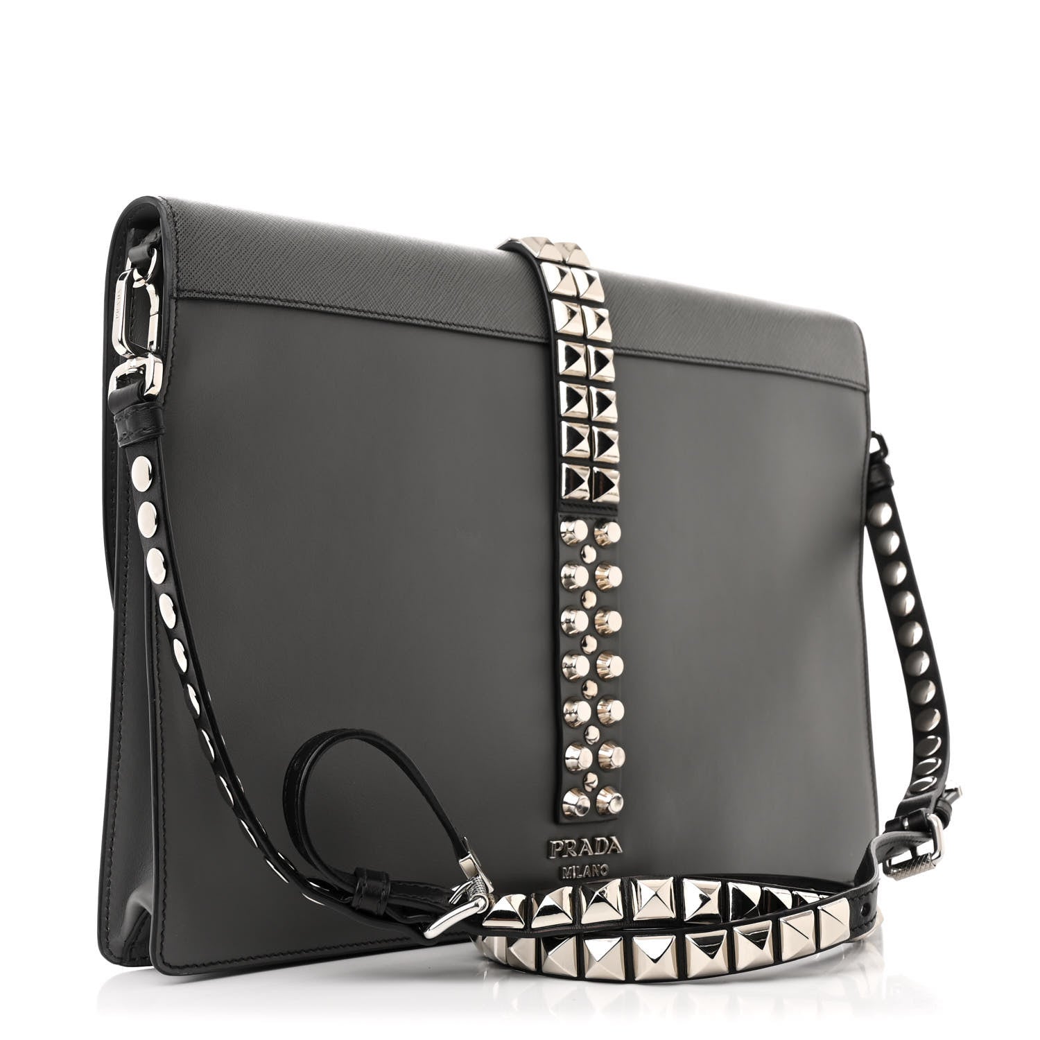 Prada Saffiano City Calfskin Studded Large Elektra Shoulder Bag Mercurio Black 3 of 14