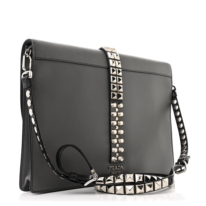 Prada Saffiano City Calfskin Studded Large Elektra Shoulder Bag Mercurio Black 3 of 14