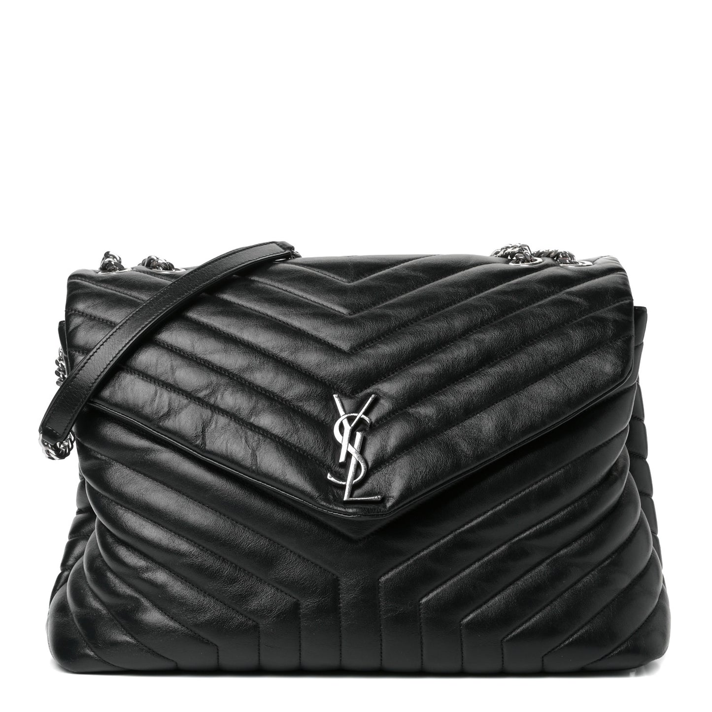 Calfskin Y Quilted Monogram Large Loulou Chain Satchel Black