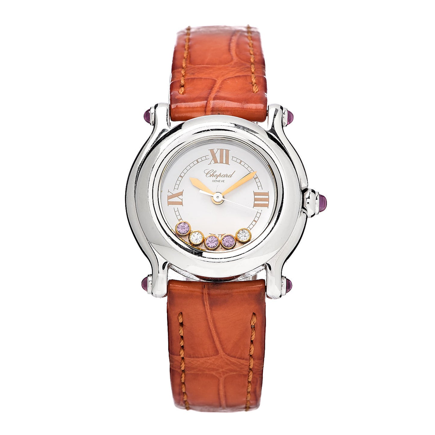 Stainless Steel Alligator 5 Diamond Pink Sapphire 26mm Happy Sport Quartz Watch