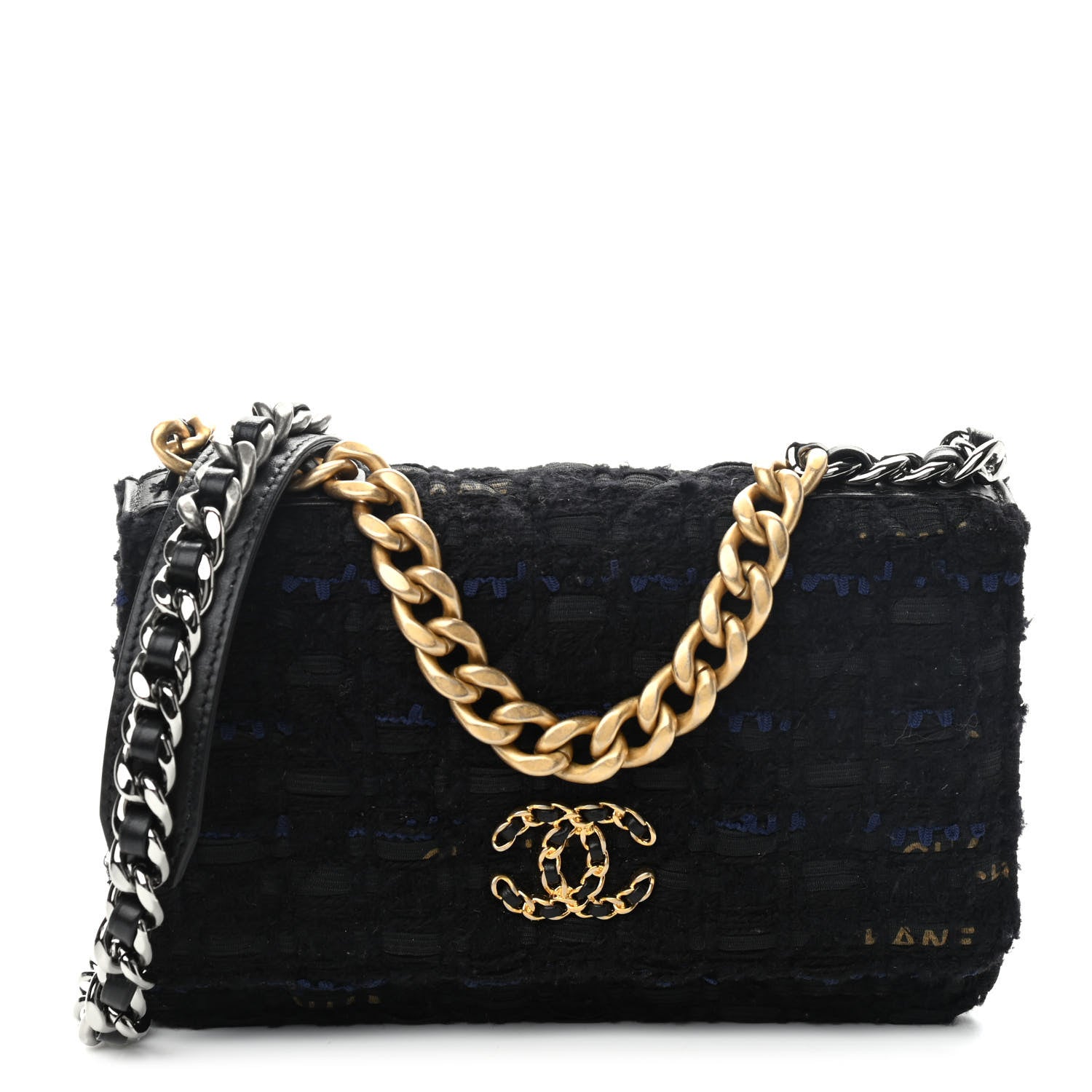 Chanel Tweed Quilted Chanel 19 Wallet On Chain WOC Black Navy Gold 2 of 9