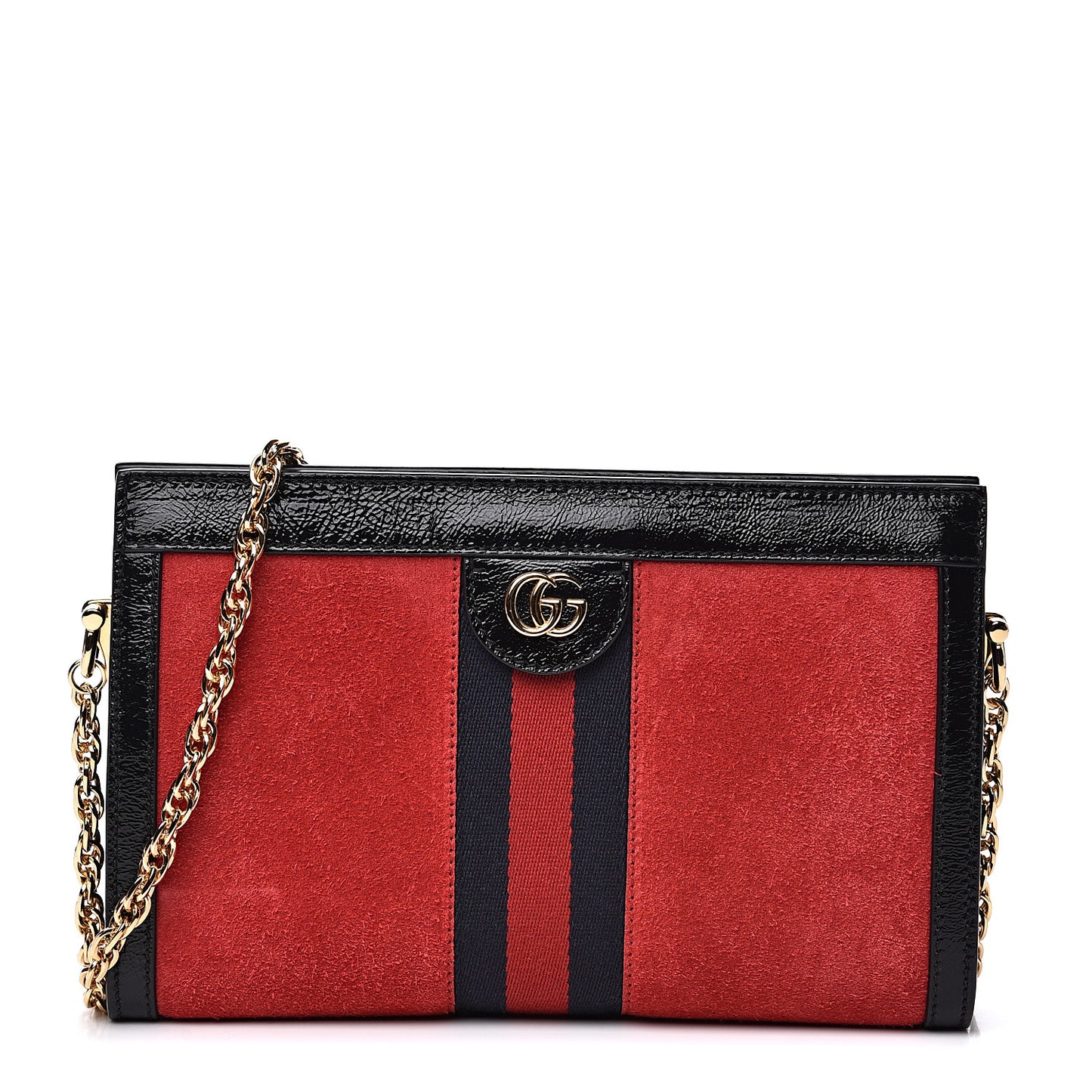 Suede Patent Web Small Ophidia Chain Shoulder Bag Hibiscus Red Black
