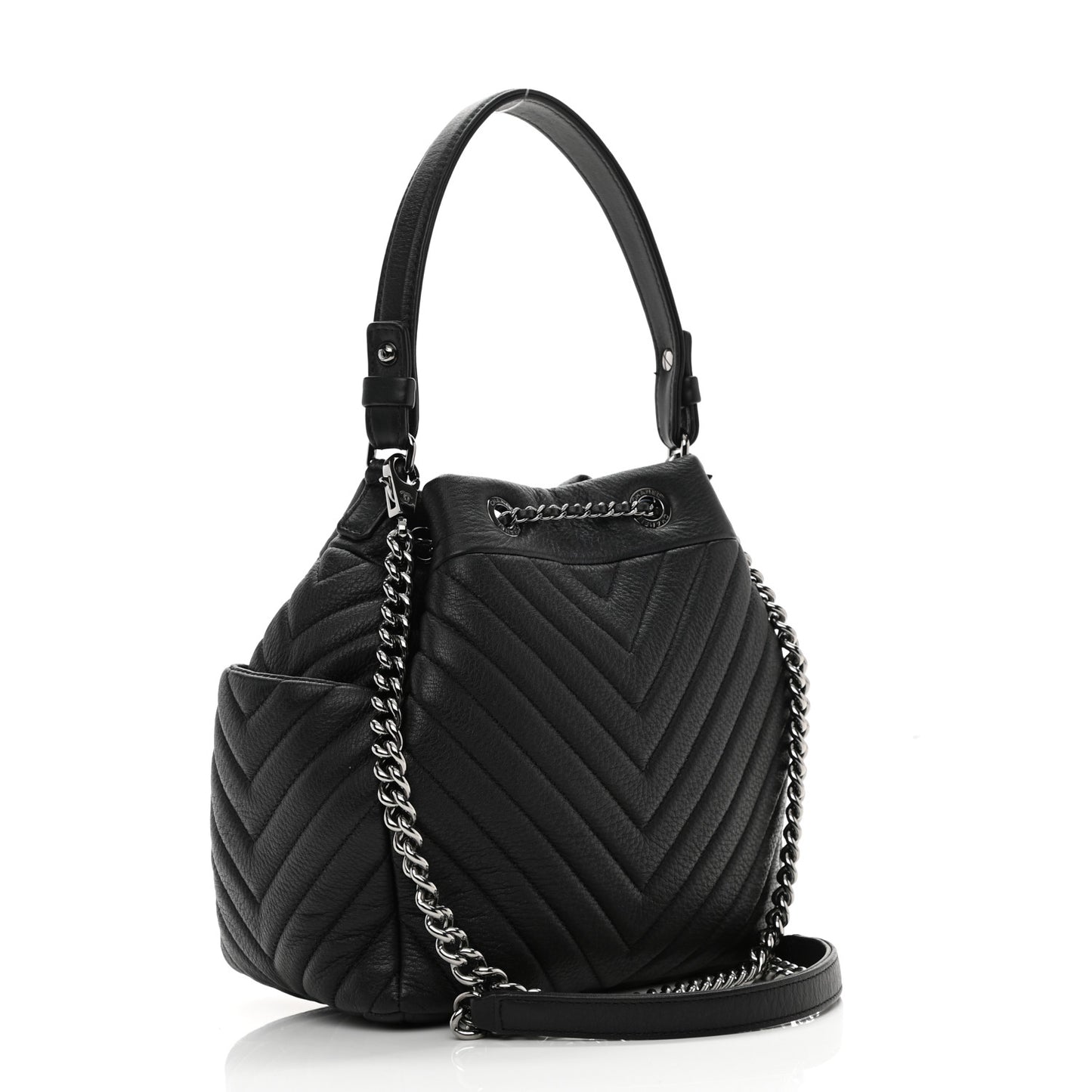 Deerskin Chevron Small CC Chain Bucket Drawstring Bag Black