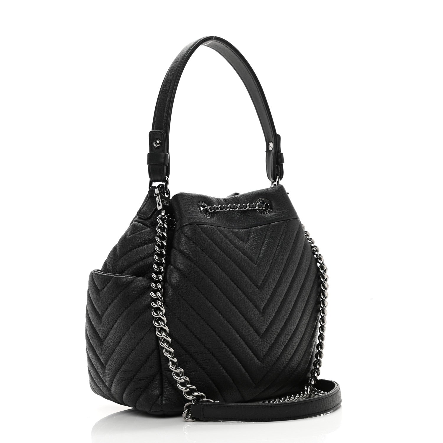 Chanel Deerskin Chevron Small CC Chain Bucket Drawstring Bag Black 2 of 10