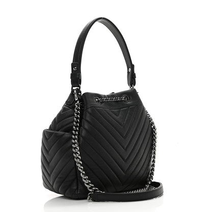 Chanel Deerskin Chevron Small CC Chain Bucket Drawstring Bag Black 2 of 10