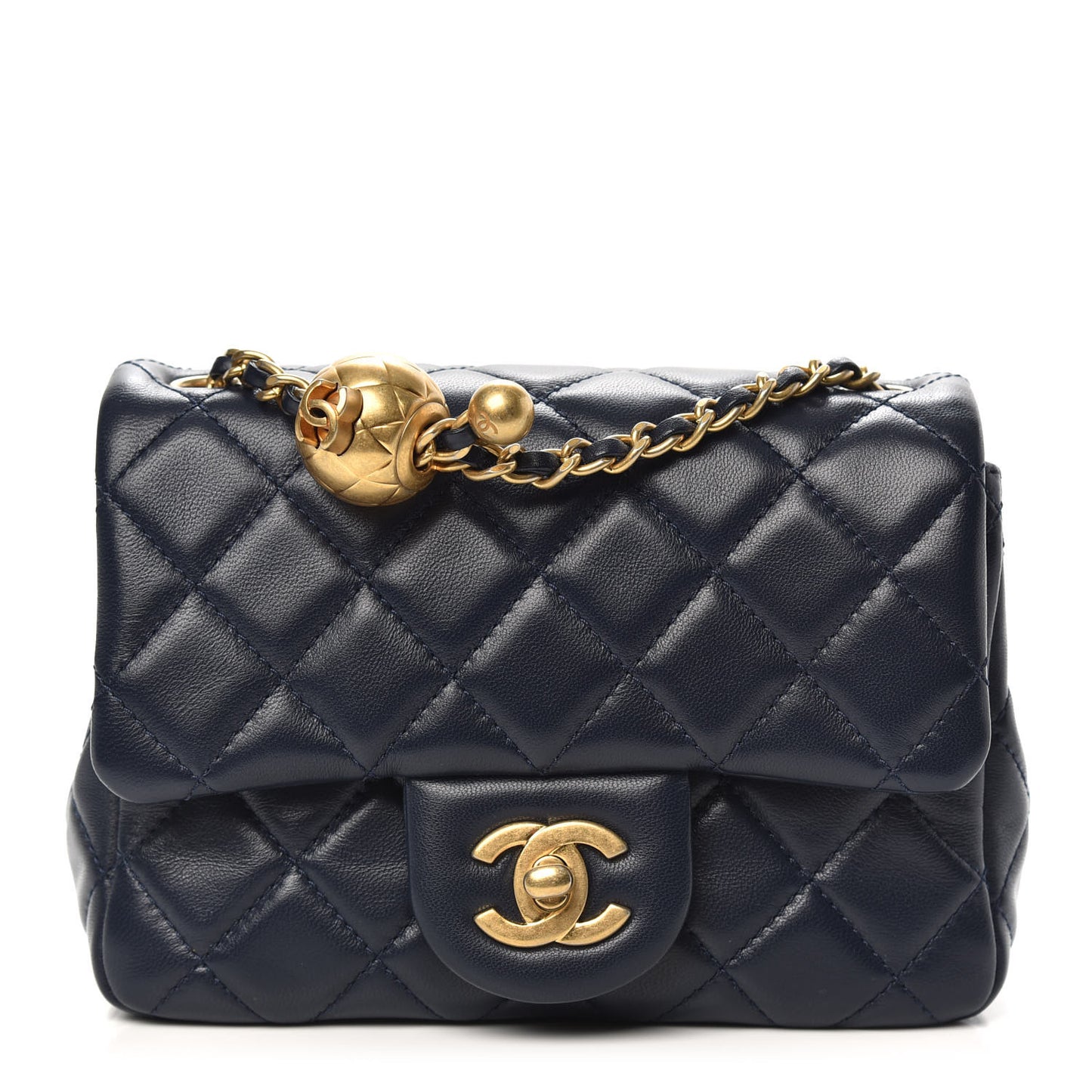 Lambskin Quilted Mini Pearl Crush Flap Navy Blue