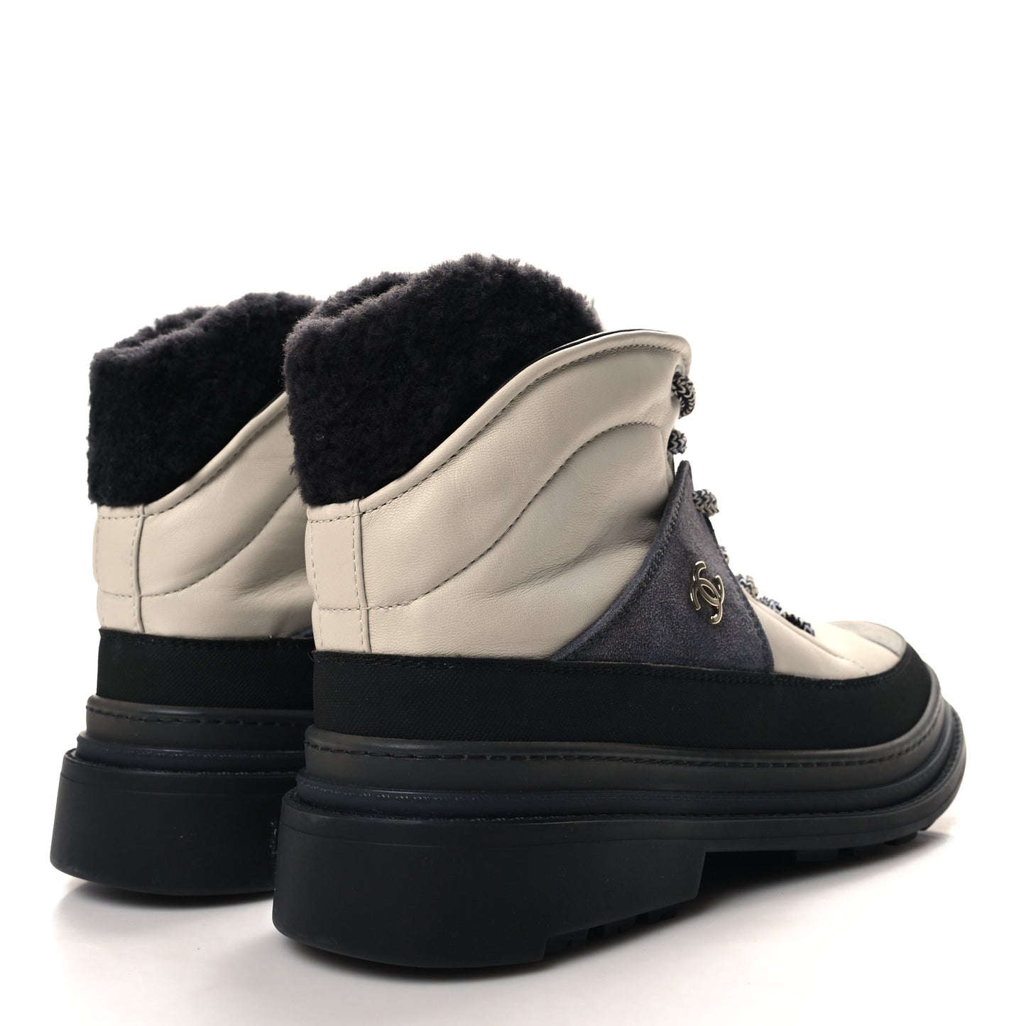 Lambskin Shearling Suede CC High Lace Up Boots 41 Grey Black