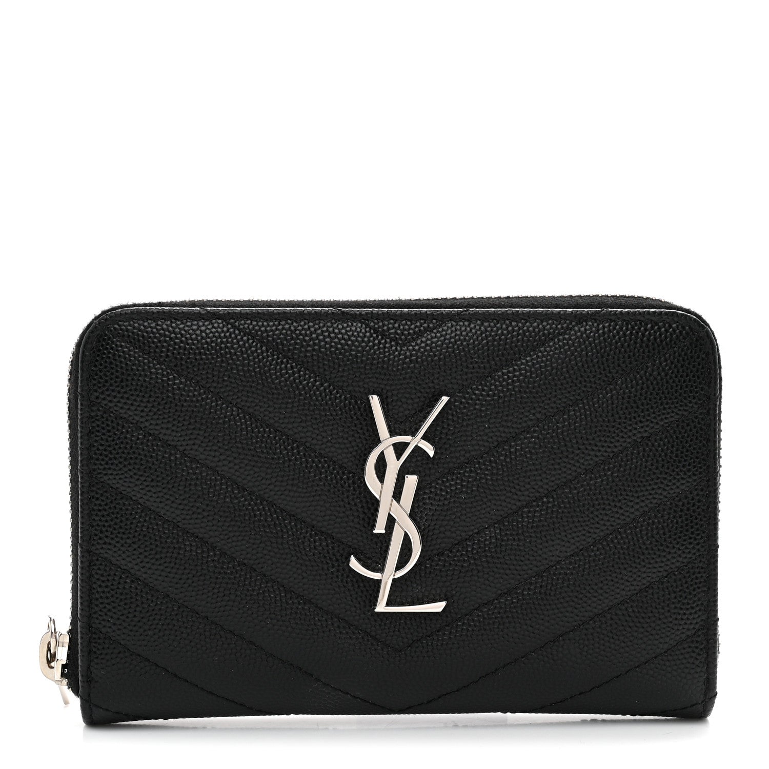 Saint Laurent Grain De Poudre Matelasse Chevron Monogram Small Zip Around Wallet Black 1 of 6