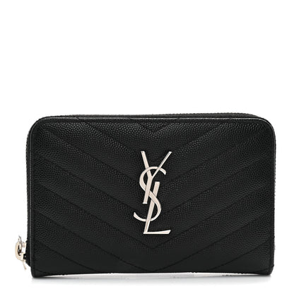 Saint Laurent Grain De Poudre Matelasse Chevron Monogram Small Zip Around Wallet Black 1 of 6