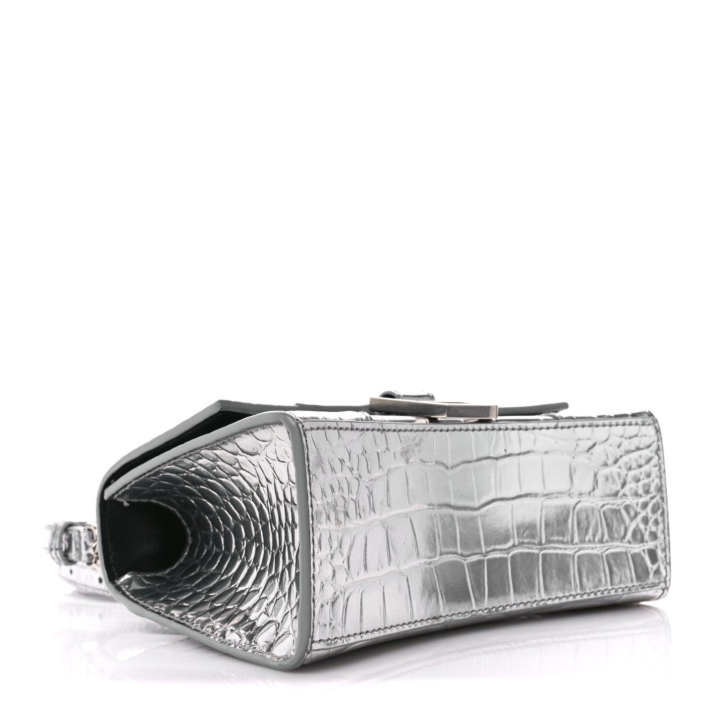 Metallic Shiny Calfskin Crocodile Embossed Hourglass Top Handle Bag XS Aluminum