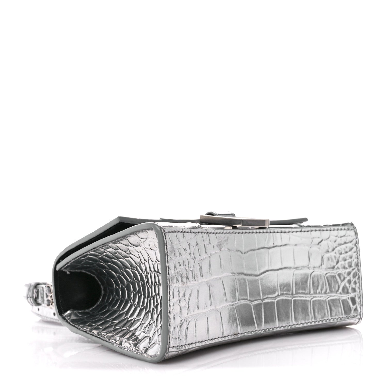 Balenciaga Metallic Shiny Calfskin Crocodile Embossed Hourglass Top Handle Bag XS Aluminum 4 of 11