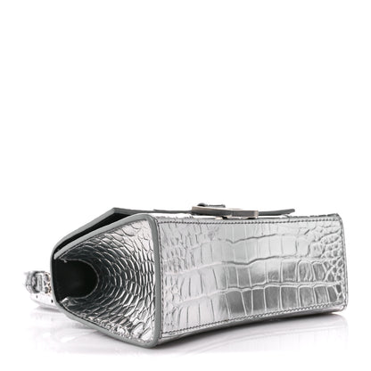 Balenciaga Metallic Shiny Calfskin Crocodile Embossed Hourglass Top Handle Bag XS Aluminum 4 of 11