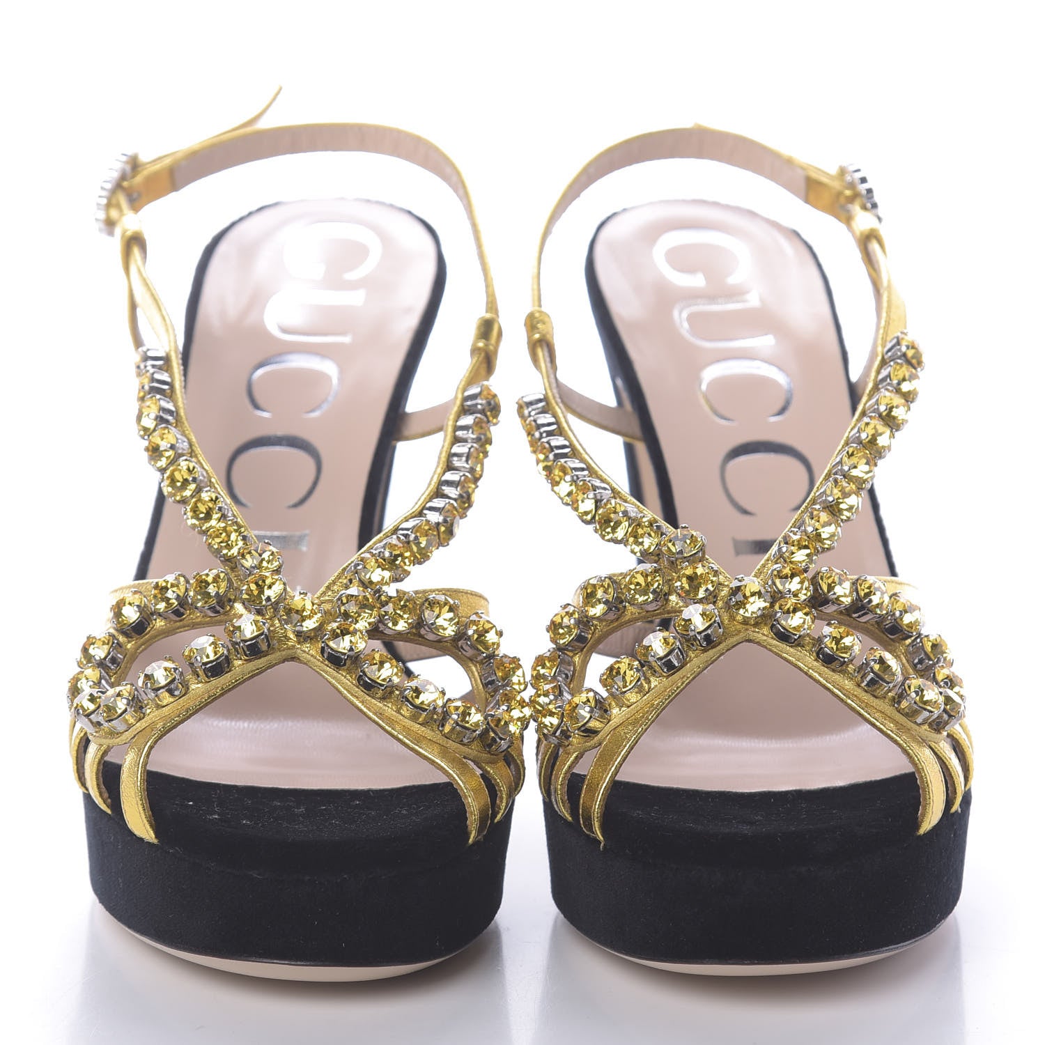 Gucci Velvet Nappa Crystal Zephyra Slingback Platform High Heel Sandals 37 Black Gold 2 of 7