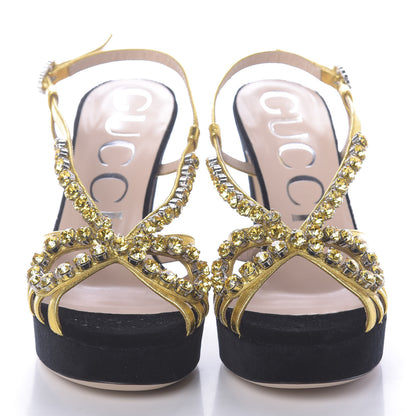 Gucci Velvet Nappa Crystal Zephyra Slingback Platform High Heel Sandals 37 Black Gold 2 of 7