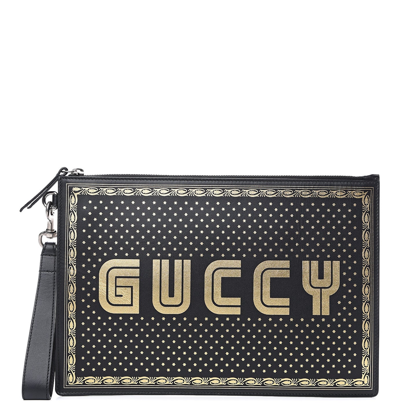 X SEGA Calfskin GUCCY Stars Zip Wristlet Pouch Black Gold