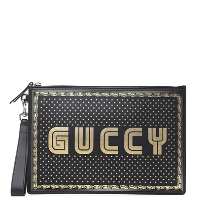 Gucci X SEGA Calfskin GUCCY Stars Zip Wristlet Pouch Black Gold 1 of 7