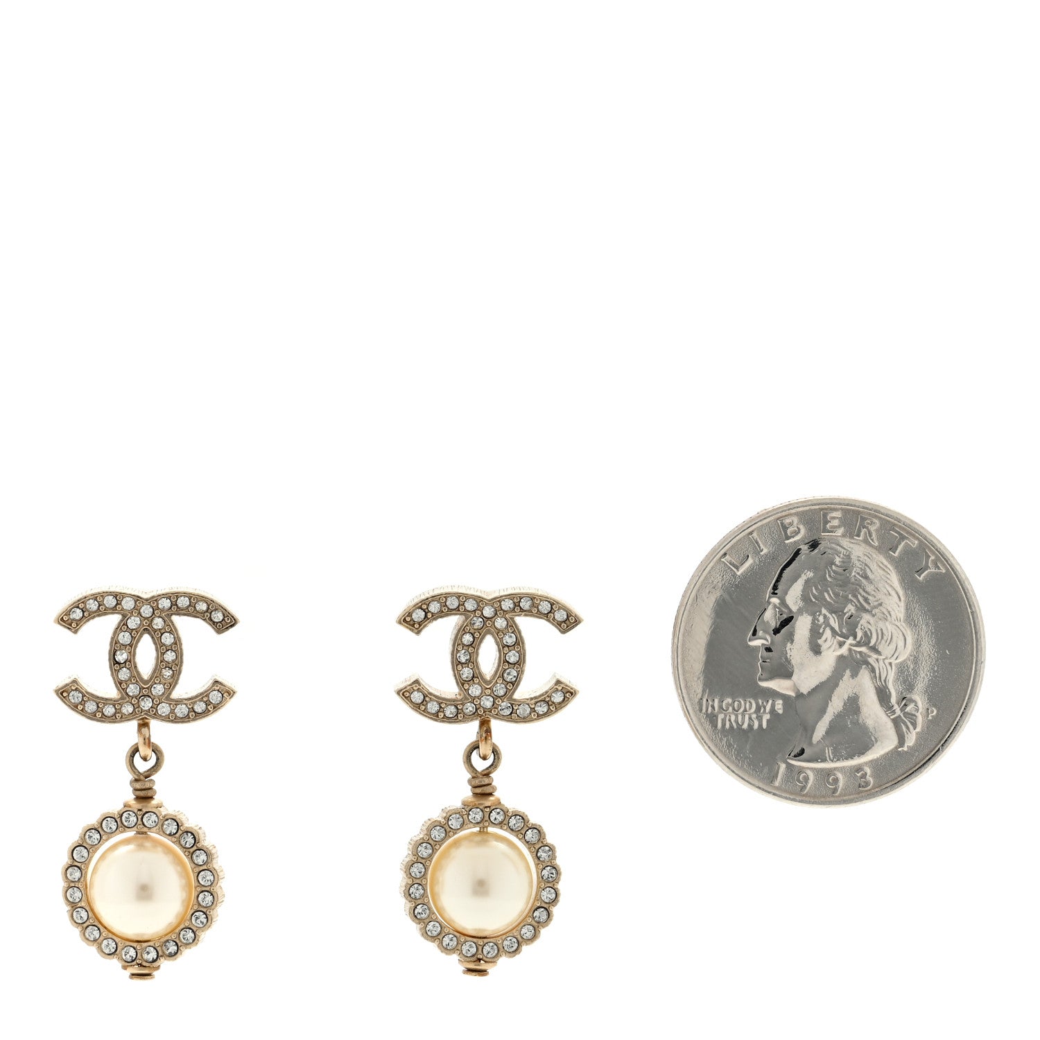 Chanel Pearl Crystal CC Drop Earrings Gold White 2 of 4