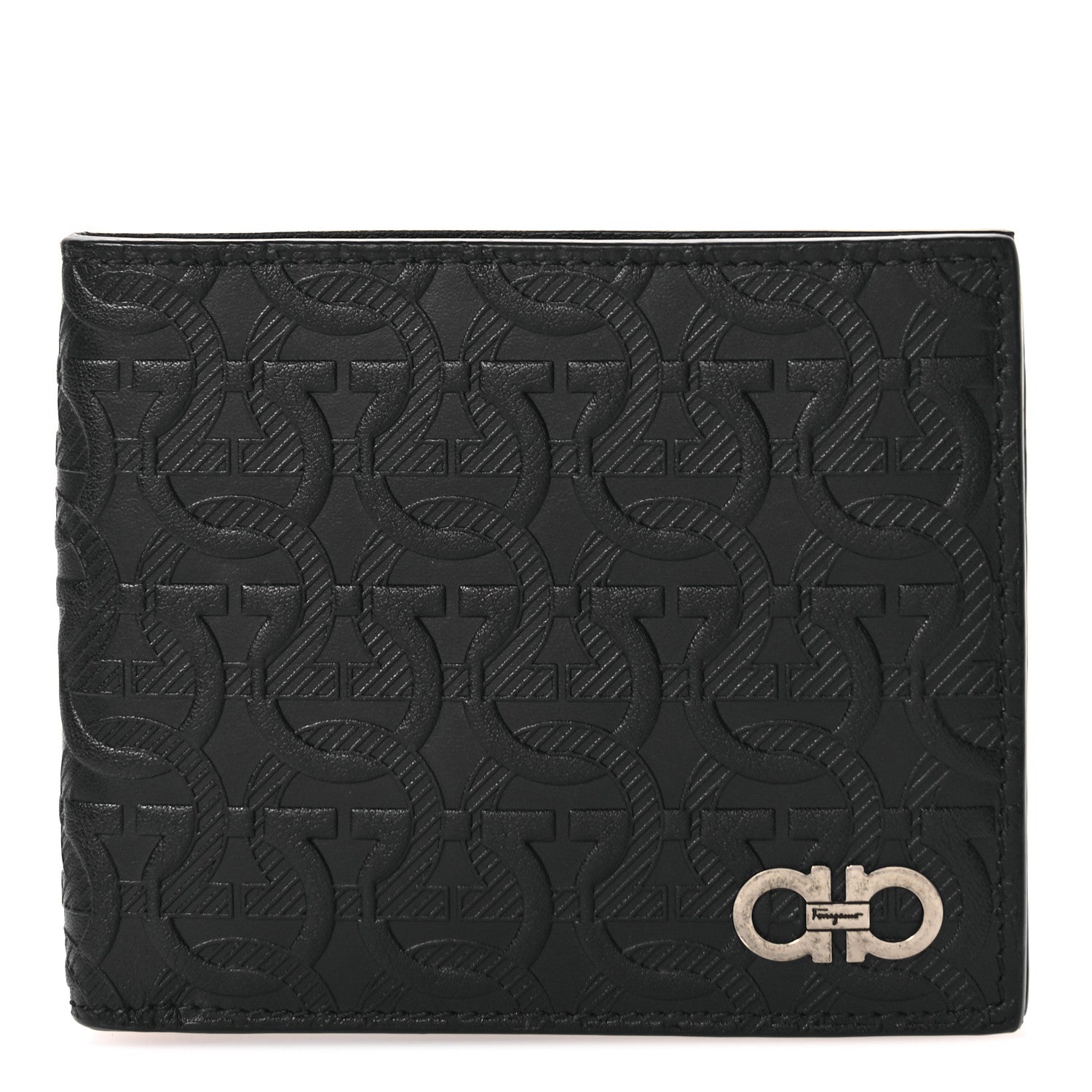 Salvatore Ferragamo Calfskin Embossed Gancini Bi-Fold Wallet Black 1 of 7