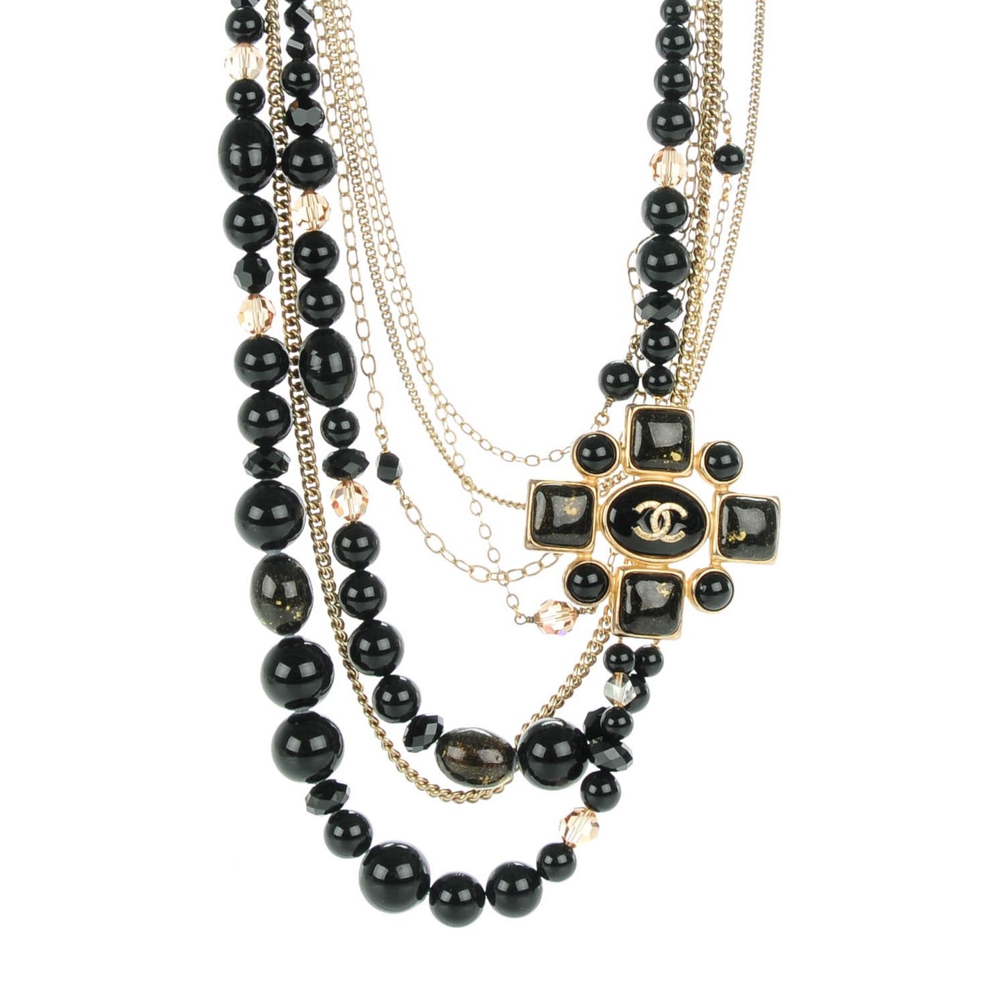 Gripoix Beaded CC Medallion Necklace Gold Black
