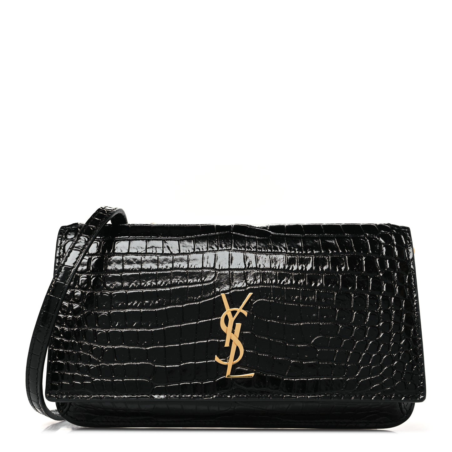 Crocodile Embossed Monogram Phone Holder Crossbody Black