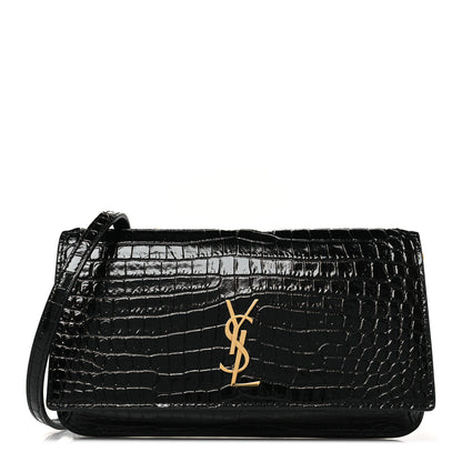 Saint Laurent Crocodile Embossed Monogram Phone Holder Crossbody Black 1 of 9