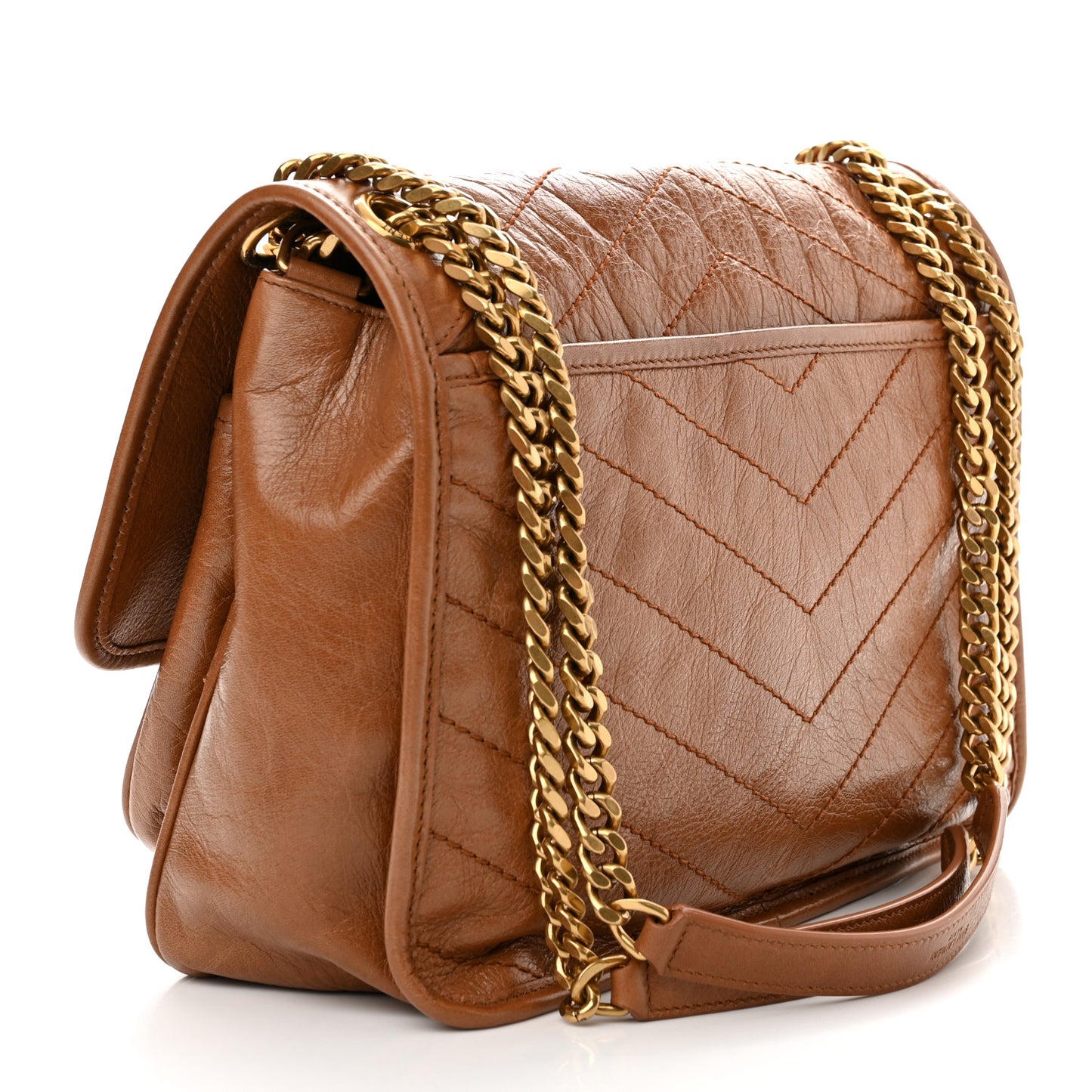 Crinkled Calfskin Matelasse Monogram Medium Niki Chain Satchel Light Caramel