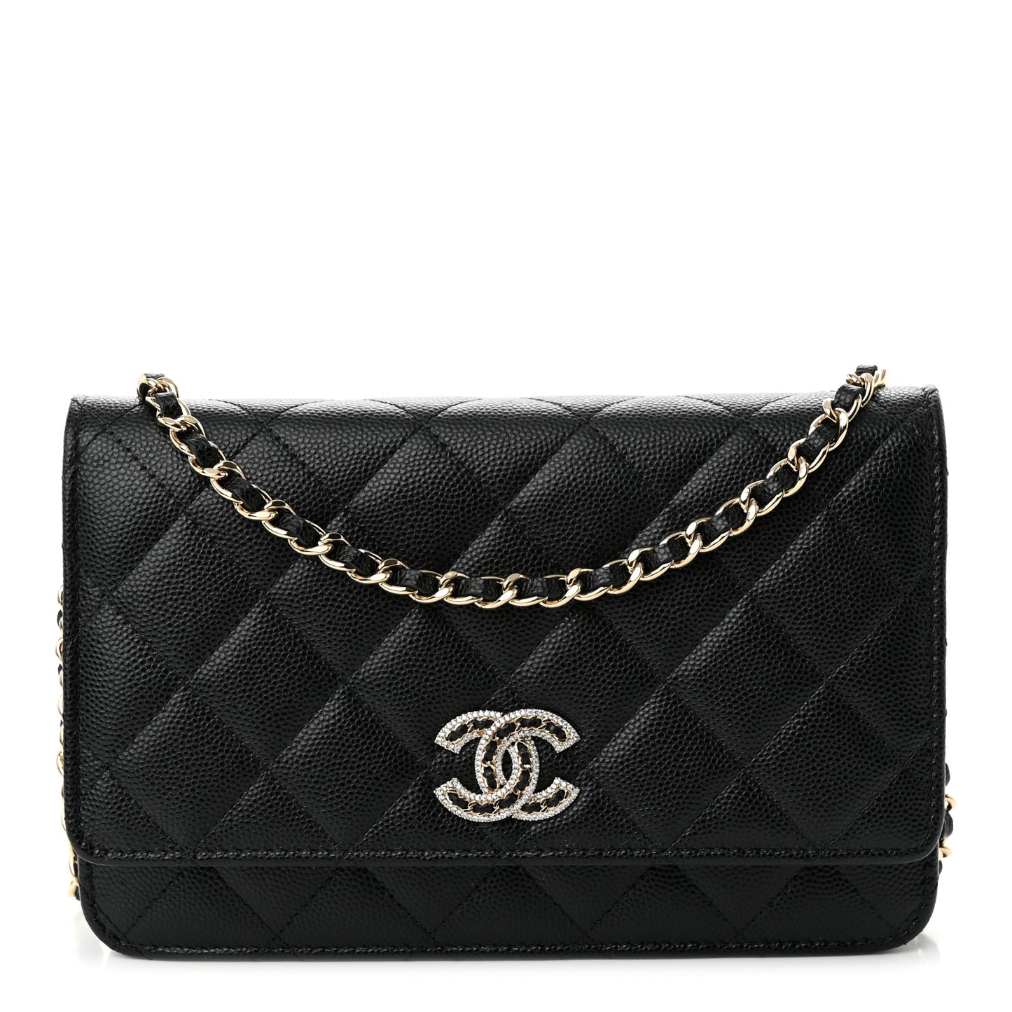 Caviar Quilted Crystal CC Wallet On Chain WOC Black