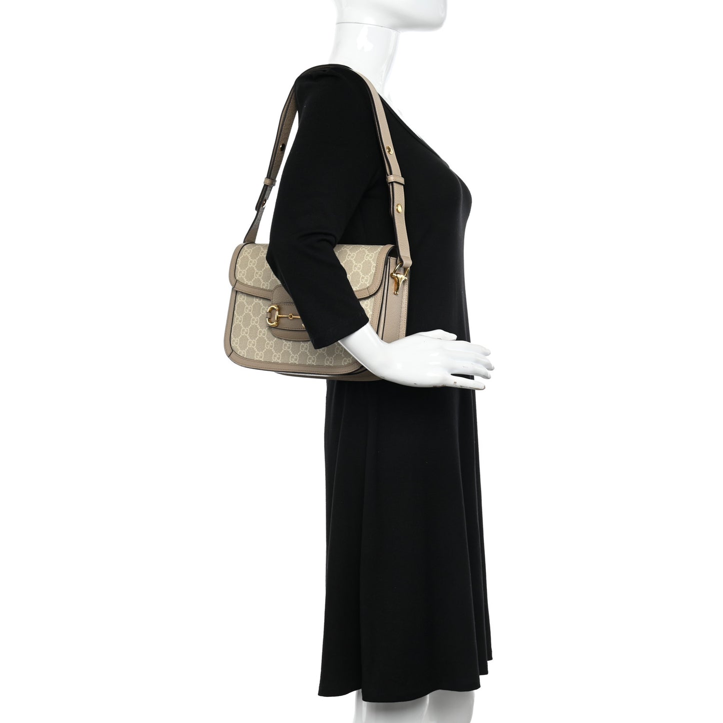 GG Supreme Monogram Textured Dollar Calfskin Horsebit 1955 Shoulder Bag Beige Mystic White Oatmeal