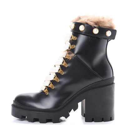 Gucci Magnum Calfskin Fur Pearl Lace Up Combat Ankle Boots 39 Black Naturale 1 of 8