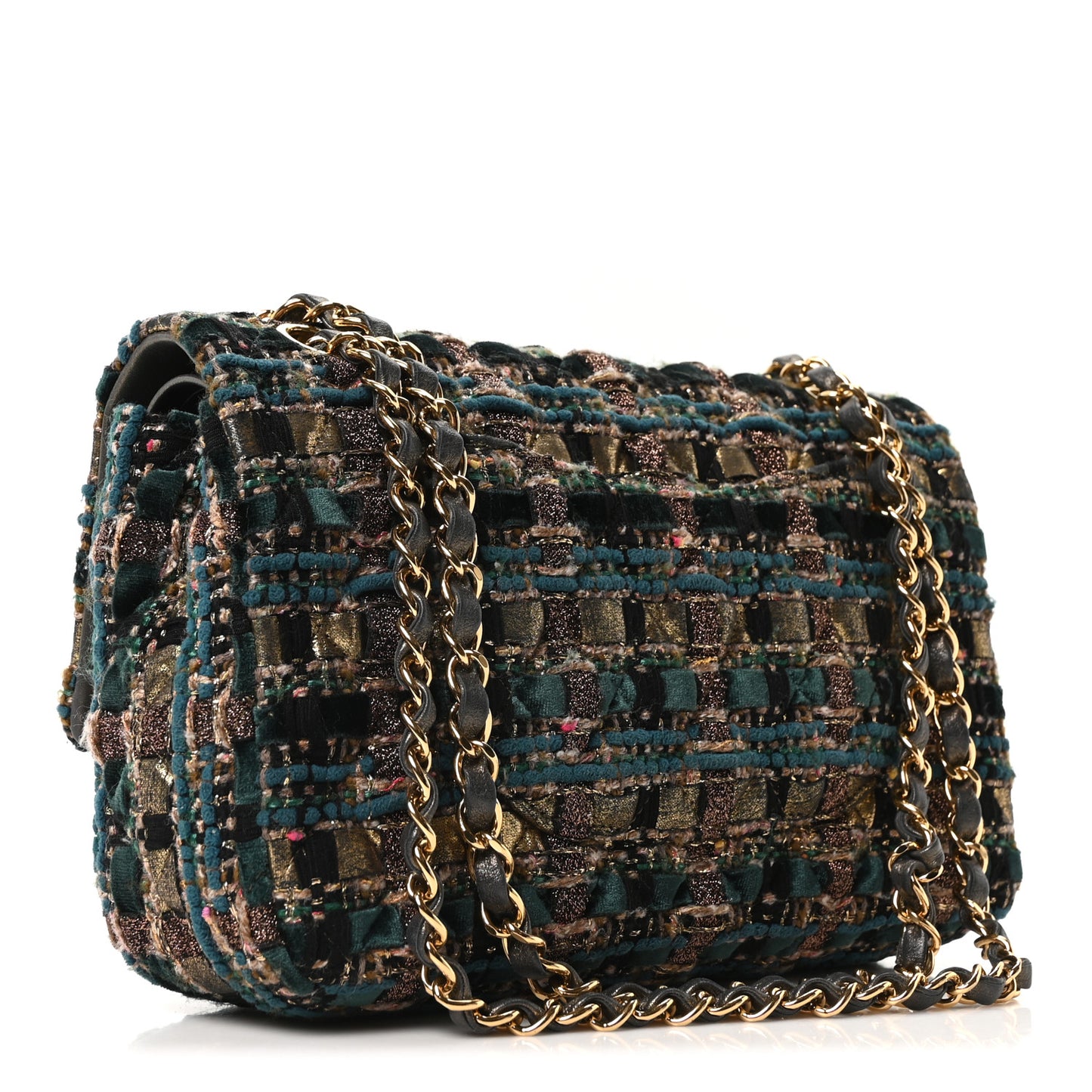 Tweed Metallic Lambskin Quilted Egyptian Double Flap Multicolor Gold