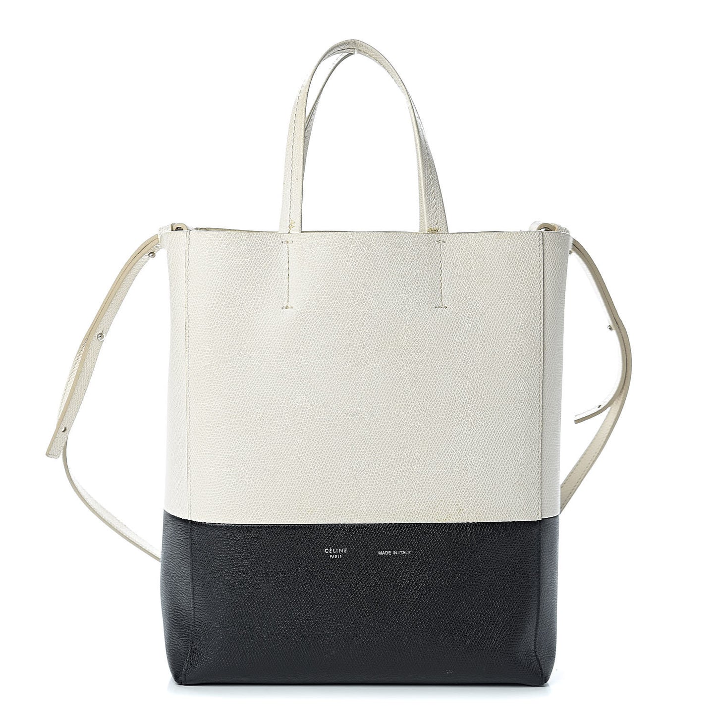 Grained Calfskin Small Vertical Bi-Cabas Cream Black