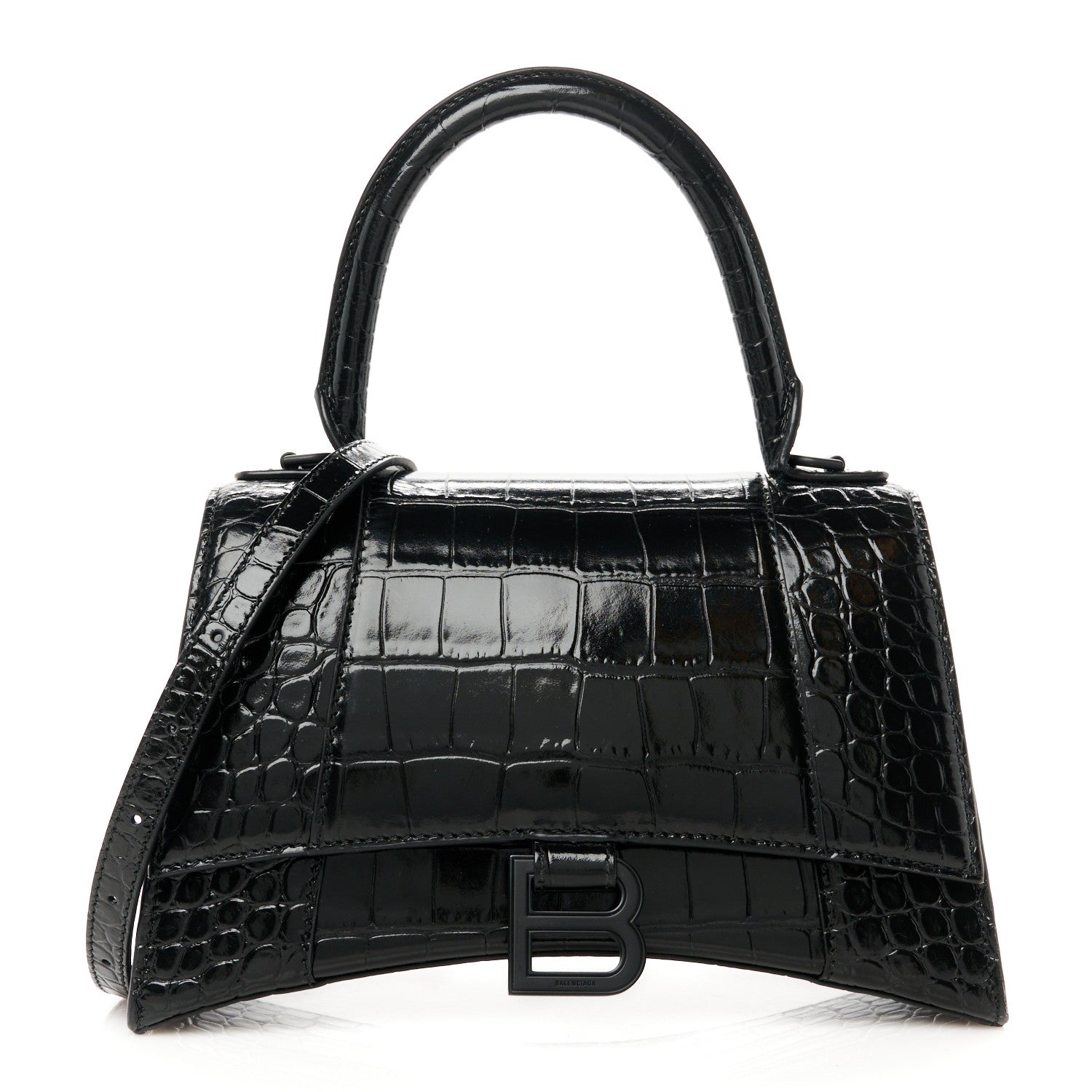 Balenciaga Shiny Calfskin Monochrome Crocodile Embossed Small Hourglass Top Handle Bag Black 1 of 10