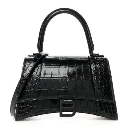 Balenciaga Shiny Calfskin Monochrome Crocodile Embossed Small Hourglass Top Handle Bag Black 1 of 10