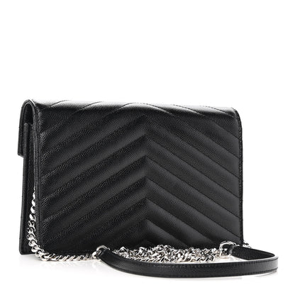 Saint Laurent Grain De Poudre Matelasse Chevron Monogram Envelope Chain Wallet Black 2 of 8