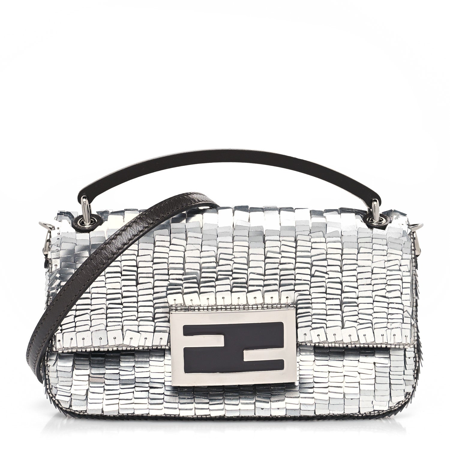 Fendi Sequin Paillettes Capretto Lucido Baguette Phone Pouch Argento Moro 1 of 10