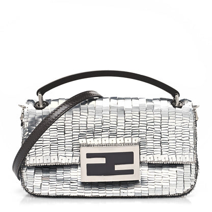Fendi Sequin Paillettes Capretto Lucido Baguette Phone Pouch Argento Moro 1 of 10