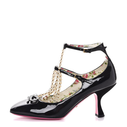 Gucci Patent Pearl Taide T-Strap Mid Heel Pumps 39 Black 1 of 8